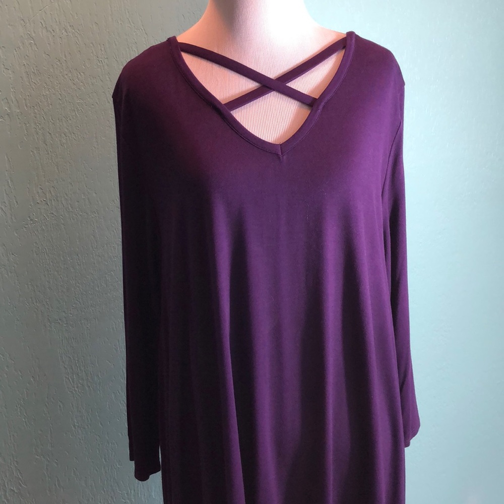 JJ Plum Tunic Top with Cross Over Detail and Hi-Low Hem Purple Size XL